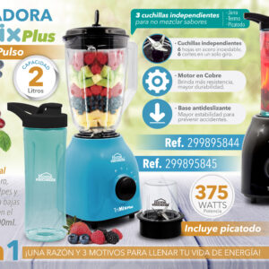 <b>LICUADORA 3 EN 1 TRI MIX PLUS NEGRA HEBL-TMP201N</b> <ul> <li>Lleva tus preparaciones a todas partes en su termo personal de 600 ml, con tapa hermética que conserva el líquido en su interior evitando derrames.</li> <li>Tiene una cuchilla con 6 hojas en acero inoxidable, 6 cortes en un solo giro para un triturado perfecto.</li> <li>Sigue licuando mientras agregas más sabor, gracias a su tapa con dosificador.</li> </ul>