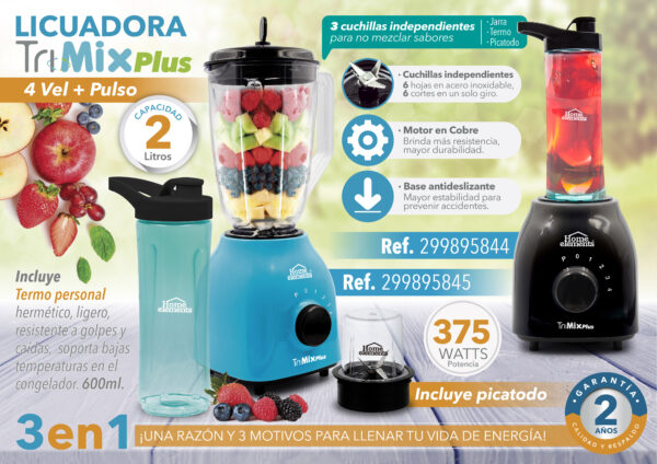 <b>LICUADORA 3 EN 1 TRI MIX PLUS NEGRA HEBL-TMP201N</b> <ul> <li>Lleva tus preparaciones a todas partes en su termo personal de 600 ml, con tapa hermética que conserva el líquido en su interior evitando derrames.</li> <li>Tiene una cuchilla con 6 hojas en acero inoxidable, 6 cortes en un solo giro para un triturado perfecto.</li> <li>Sigue licuando mientras agregas más sabor, gracias a su tapa con dosificador.</li> </ul>