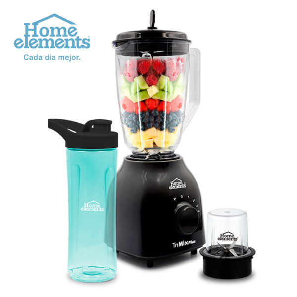 <b>LICUADORA 3 EN 1 TRI MIX PLUS NEGRA HEBL-TMP201N</b> <ul> <li>Lleva tus preparaciones a todas partes en su termo personal de 600 ml, con tapa hermética que conserva el líquido en su interior evitando derrames.</li> <li>Tiene una cuchilla con 6 hojas en acero inoxidable, 6 cortes en un solo giro para un triturado perfecto.</li> <li>Sigue licuando mientras agregas más sabor, gracias a su tapa con dosificador.</li> </ul>