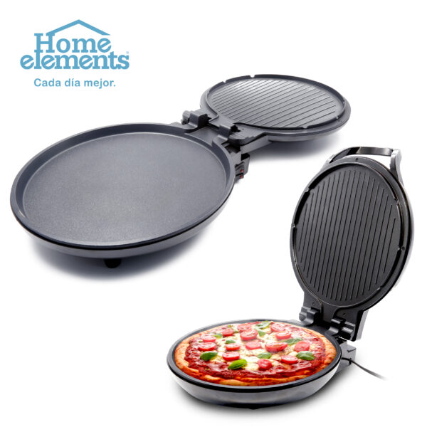 <b>PIZZA MAKER 1300W REF. HE-828G</b> Gracias a su apertura en 180° puedes utilizar dos planchas para cocinar.